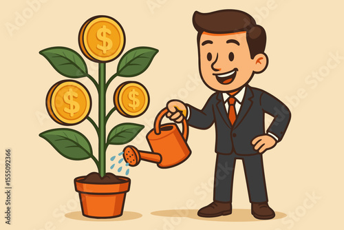 Cheerful Businessman Watering a Money Plant Symbolizing Financial Growth, Investment Returns, and Wealth Creation Success. Economic Prosperity Cartoon Illustration.