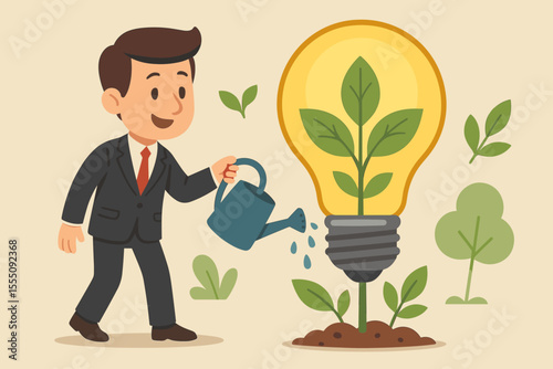 Businessman watering plant in lightbulb. Metaphor for business growth, investment, and nurturing ideas. Concept for green energy, sustainable startup, eco-friendly technology.