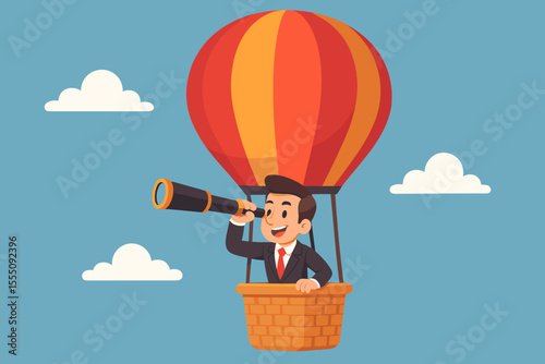 Businessman in a hot air balloon with a spyglass searching for opportunities. Business vision concept for future, leadership, strategy, growth, and success. Cartoon vector illustration.