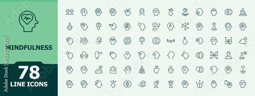 Set of Mindfulness line icon. Contain linear sign emotion, mental, health, psychology, spirit, mind. Minimal linear icons. Mind icon set. Pictogram and infographic.