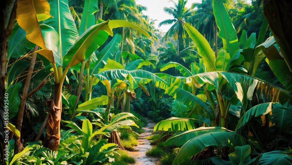 Obraz premium Dense tropical banana plantation with lush green leaves and a pathway through the foliage. Forest and agriculture, concept. Nature and farming. The concept of sustainable agriculture and environmen...