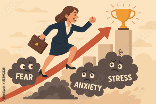 Ambitious businesswoman overcoming fear, anxiety, and stress, climbing arrow towards trophy, achieving career success, motivation, leadership, mental health, personal growth, vector illustration