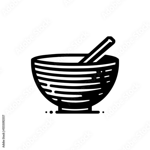 A black and white illustration of a mortar and pestle, ready for use.