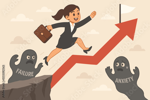 Businesswoman overcoming failure and anxiety, conquering stress, achieving success, career growth, motivation, leadership, ambition, jumping over obstacles, upward arrow, business challenge concept