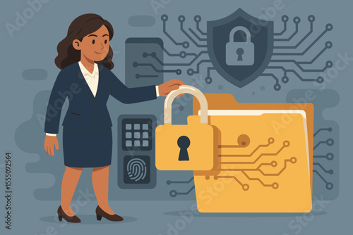 Businesswoman protecting confidential data by locking digital folder with cybersecurity padlock, secure file access, data privacy, information safety, network protection, cartoon vector illustration