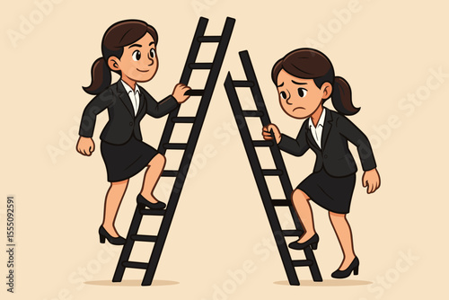 Businesswoman climbing and descending career ladder, concept of professional growth, setbacks, ambition, challenge, success, failure, opportunity, cartoon vector illustration, workplace metaphor