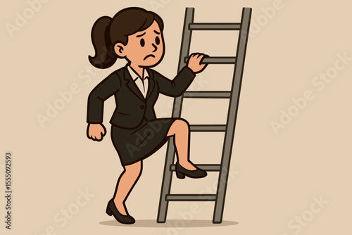 Ambitious businesswoman climbing career ladder, symbolizing professional growth, success, progress, ambition, challenge, leadership, corporate advancement, opportunity, and workplace achievement