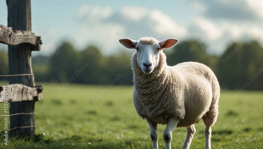 Naklejka premium A sheep standing in a grassy field near a wooden fence with a blurred background of trees and sky.