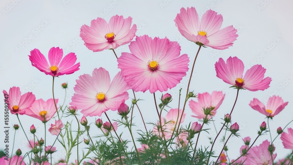Fototapeta premium Pink flowers with yellow centers and green stems against a white background.
