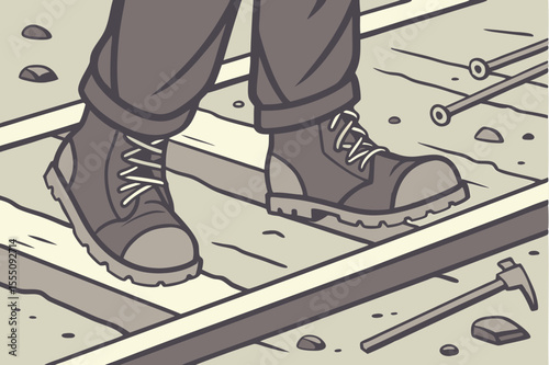 Close-up of durable steel-toe boots ready for action on a rugged job site, ideal for safety gear promotions