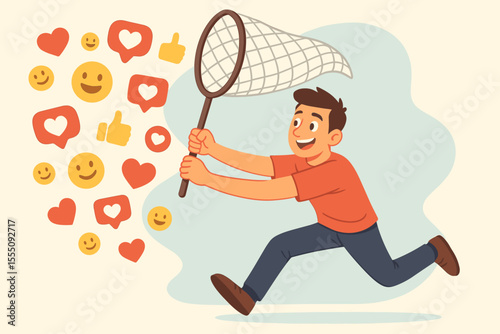 Social Media Popularity Addiction Concept. Man Chasing Likes, Hearts, Thumbs Up, Positive Reactions with Net. Online Validation, Attention Seeking, Approval, Internet Influence Vector Illustration