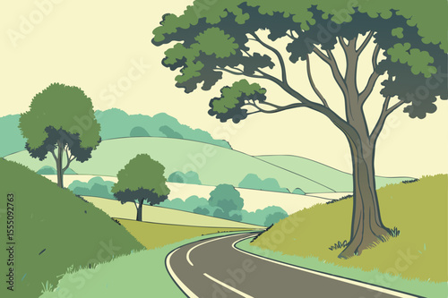 Freshly paved rural road winding through nature, perfect for travel, transport, or road safety campaigns