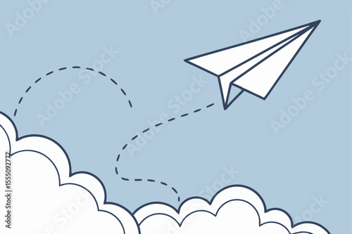 Minimalist white paper plane soaring through clear blue sky, symbolizing freedom, ideas, or travel