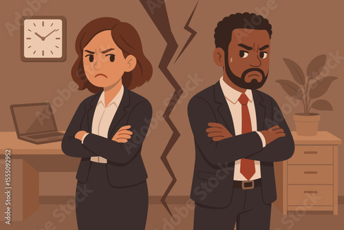 Workplace conflict and communication breakdown, business colleagues divided by misunderstanding, lack of dialogue, office dispute, professional disagreement, vector cartoon illustration