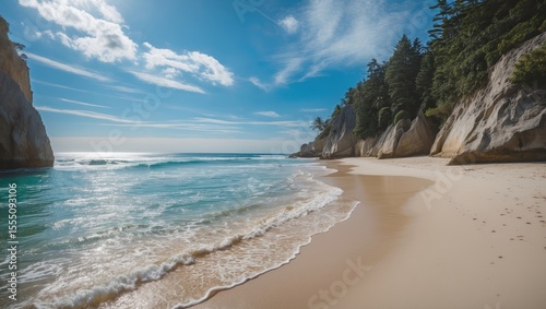 A pristine beach scene with cliffs and lush greenery under a partly cloudy sky.