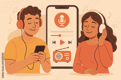 Cartoon couple listening to podcasts and online radio on mobile app, enjoying streaming audio content with headphones, digital music, entertainment, modern technology lifestyle vector illustration
