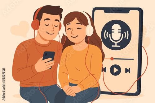 Couple Listening to Podcasts on Mobile App, Enjoying Streaming Audio Content, Online Radio Shows, Digital Entertainment, Headphones, Smartphone, Modern Technology, Vector Illustration