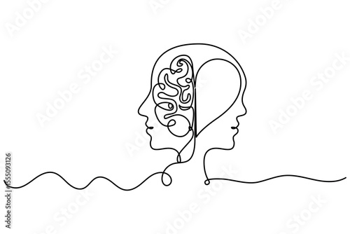 Human brain continuous one line drawing of isolated outline vector minimalist style.