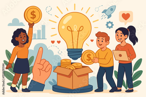 Crowdfunding campaign fundraising for innovative startup project. Teamwork, creative idea, investment, lightbulb inspiration, coins, business growth, collaboration, vector illustration