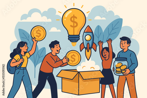 Crowdfunding campaign team raising funds for innovative startup project. Group investing in creative idea, launching rocket, collecting coins, financial support, teamwork, business growth concept