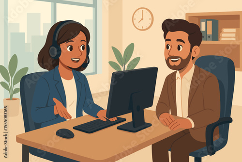 Business consultation meeting with customer support representative and client in modern office, professional teamwork, communication, computer assistance, workplace collaboration, vector illustration