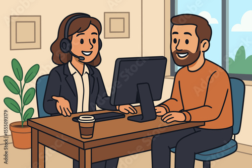 Customer support representative assisting client at desk in modern office. Business consultation, teamwork, help desk service, computer communication, professional workplace vector illustration