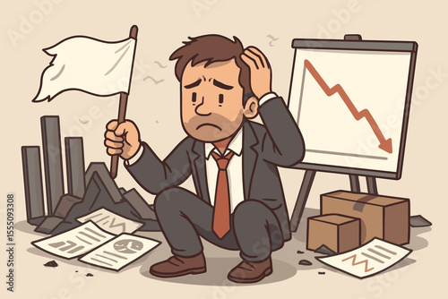 Stressed businessman waving white flag surrendering to business failure, financial crisis, bankruptcy, company collapse, falling stock market, economic downturn, loss, despair, cartoon vector