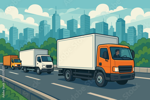 Delivery trucks transporting cargo on urban highway, city skyline background, logistics and freight transport, commercial vehicles, shipping, distribution, vector cartoon illustration