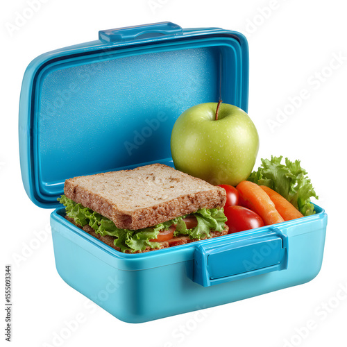 Healthy blue lunchbox filled with sandwich apple carrots and lettuce isolated on transparent background