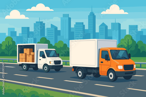 Cartoon delivery trucks transporting packages on highway, urban cityscape background, logistics and shipping, freight transport, commercial cargo vehicles, distribution concept vector illustration