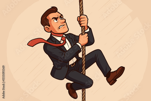 Ambitious businessman climbing rope overcoming obstacles, determination, success, perseverance, achievement, career challenge, leadership, motivation, vector cartoon illustration, business concept