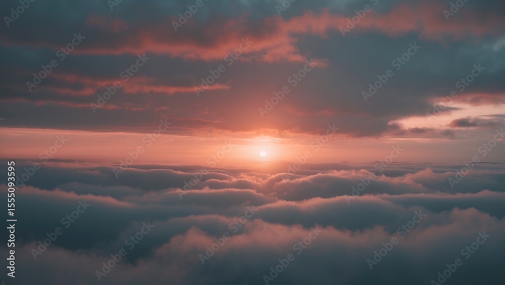 Fototapeta premium Sunset or sunrise over the clouds with a vivid sky and glowing horizon. Nature and sky scene. Atmospheric and scenic landscape. The concept of sunrise or sunset over clouds.