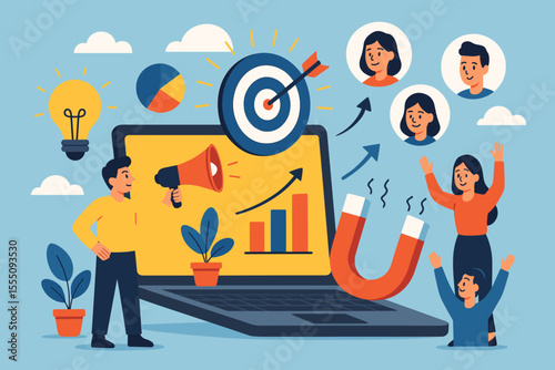 Digital marketing strategy attracting new customers expanding client base. Cartoon vector illustration with laptop, megaphone, magnet, target, analytics, audience engagement, business growth concept