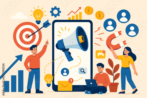 Digital marketing strategy attracting new customers, expanding client base. Cartoon vector illustration with target, megaphone, magnet, social media icons, email, growth graph, teamwork concept