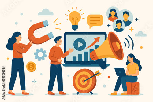 Digital marketing strategy concept vector. Attracting new customers, expanding audience, lead generation, social media engagement, content marketing, target audience, online advertising illustration