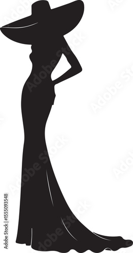 An artistic black silhouette of a tall female model in a high-fashion pose, wearing a wide-brimmed hat and a long fitted gown, with sharp contrast on a white background Adobe Illustrator Artwork