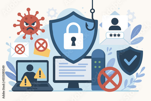 Cybersecurity protection against malware, phishing, spam, virus attacks. Secure data, shield, lock, warning alerts, email security, password safety, vector illustration, digital defense concept