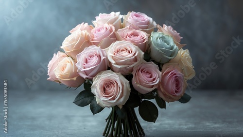 A bouquet of pink and white roses with green leaves against a dark, textured background.