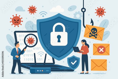 Cybersecurity protection against malware, phishing, and email threats. Secure network, spam filtering, virus detection, data privacy, internet safety. Vector illustration of digital defense.