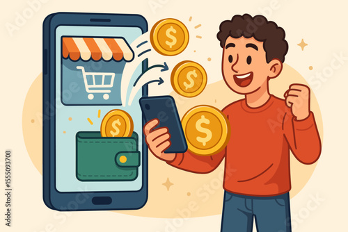 E-commerce cashback refund concept, happy young man receiving money back from online shopping via smartphone wallet app, digital payment, mobile banking, financial savings, vector illustration