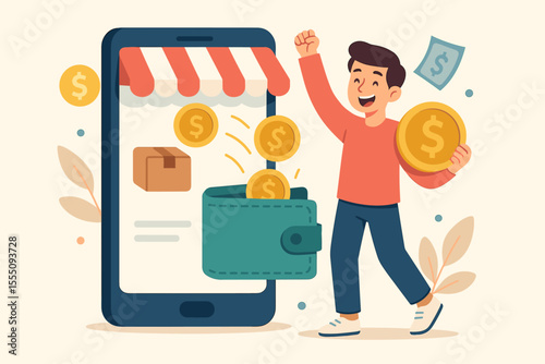 Happy customer receiving cashback refund from online shopping via smartphone wallet, digital payment, money back reward, e-commerce savings, mobile banking, financial success, vector illustration