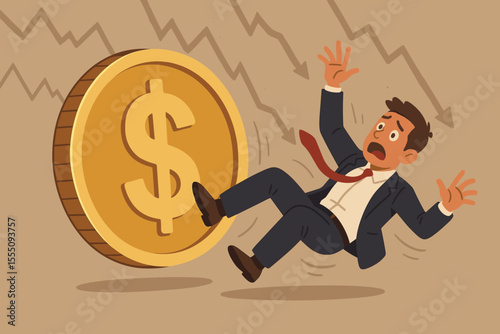Financial crisis concept, businessman falling under giant dollar coin, economic downturn, stock market crash, monetary instability, recession, cartoon vector illustration, investment risk