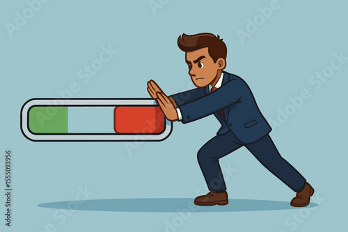 Determined Businessman Pushing Progress Bar Forward. Motivation, Success, Achievement, Effort, Career Growth, Overcoming Challenges, Progress Concept. Vector Illustration for Business and Productivity