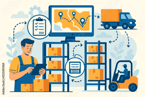 Automated Supply Chain Management Vector. Inventory Tracking, Warehouse Logistics, Delivery Route Optimization, Barcode Scanning, Forklift Operation, Shipping, Distribution Network Illustration