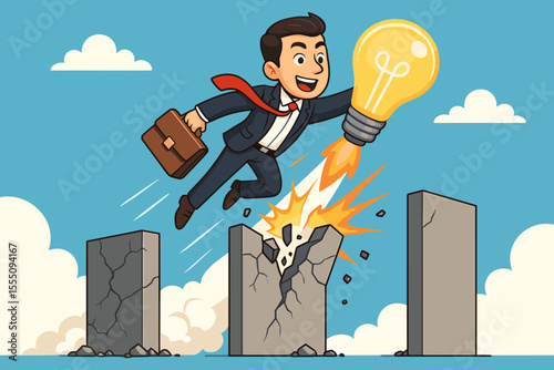 Businessman Breaking Barriers with Innovation. Entrepreneur Leaping Over Obstacles Holding Light Bulb. Creative Idea Success Concept. Overcoming Challenges. Vector Cartoon Illustration for Motivation
