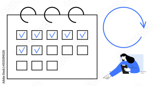 Calendar grid with checkmarks, circular loop arrow, and woman holding a tablet. Ideal for scheduling, task management, organization, workflow planning, time tracking, productivity simple landing