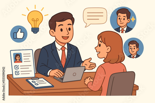 Job Interview Communication Skills and Self-Promotion Concept. Cartoon Businessman and Woman at Desk with Resume, Laptop, Light Bulb Idea, Thumbs Up, Speech Bubble. Vector Illustration