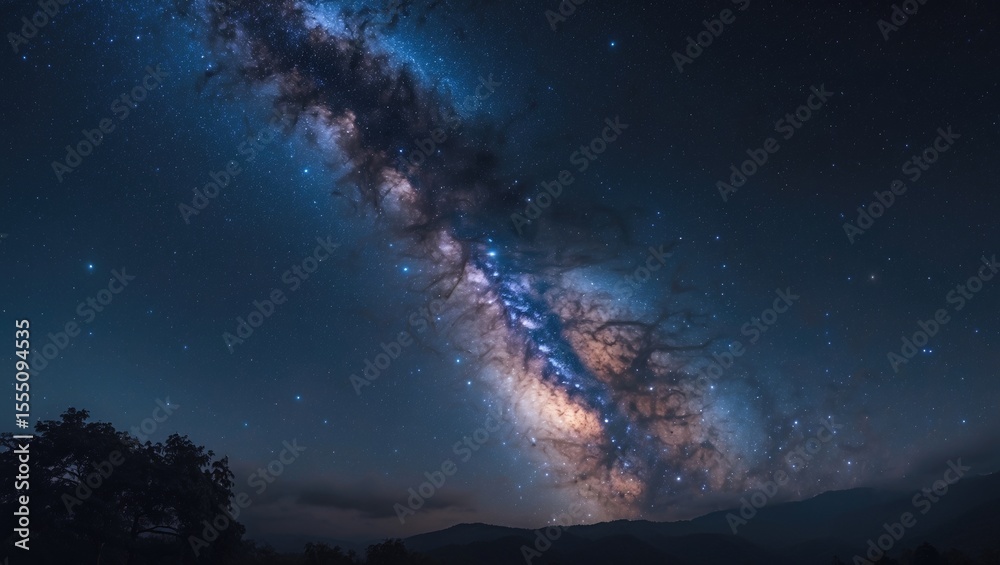 Fototapeta premium A clear night sky showing the Milky Way galaxy with stars and dark silhouettes of trees and mountains in the foreground.