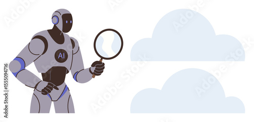 AI robot holding magnifying glass examining abstract cloud shapes. Ideal for artificial intelligence, data analysis, cloud computing, innovation, technology, automation, research. Simple flat
