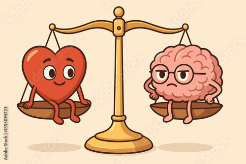 Emotional vs Rational Balance Concept. Cartoon Heart and Brain Characters on Scales. Mind vs Emotion Metaphor. Decision Making, Psychology, Logic and Feeling, Mental Health, Vector Illustration